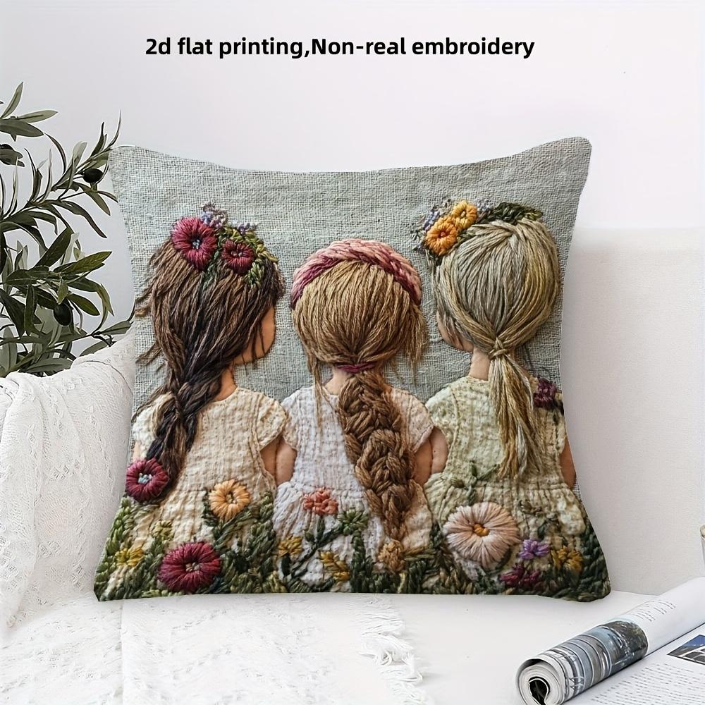 Three Girls Floral Pillow Cover 2D Embroidered Print Boho Friendship Wildflower Cushion Case For Sofa Bed Couch