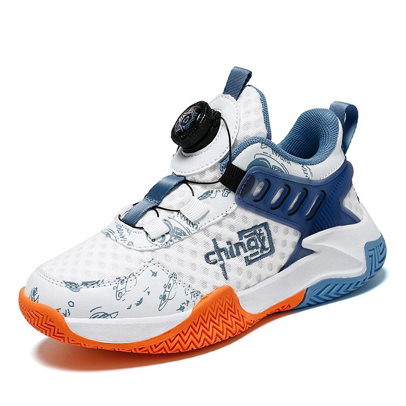 Новые детские баскетбольные кроссовки с вращающимися кнопками для мальчиков, молодежные нескользящие амортизированные спортивные туфли, повседневная обувь для мальчиков