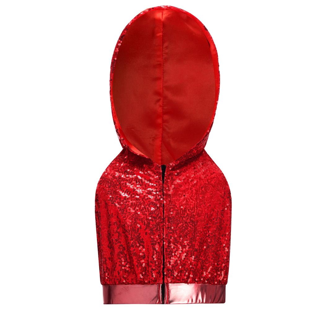 Sleeveless Backless Hooded Crop Top for Girls: Front Zipper Sparkling Sequins Dancewear for Hip-Hop Jazz Performance