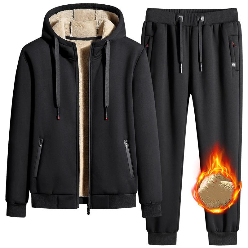Зимний спортивный костюм мужской толстый теплый флисовый комплект из овечьей шерсти с капюшоном, куртка+брюки, спортивная одежда