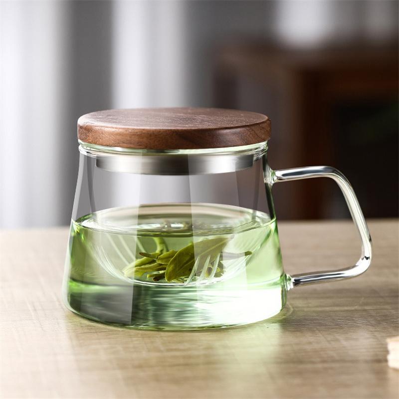 340ml High Borosilicate Glass Tea Cup With Infuser And Lid For Loose Leaf Tea Wood Handle Blooming Tea Diffusers Filter Mug