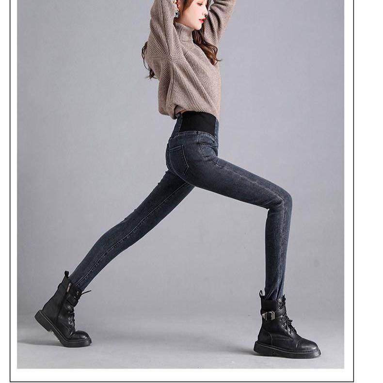 Джинсы с высокой талией, женские брюки, осень и зима, новые стили, большие размеры, облегающие, с эластичной талией, маленькие брюки с плюшем