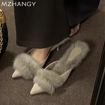 Модные меховые остроносые женские тапочки на высоком каблуке, сексуальная роскошная обувь для женщин 2024 года, трендовые зимние элегантные шлепанцы, новые туфли-лодочки, женские тапочки