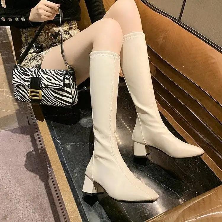 Модные женские длинные сапоги с квадратным носком, качественная кожа ПУ, New Rock, весна 2024, женские сапоги-чулки до колена, по акции, демисезонные, для работы