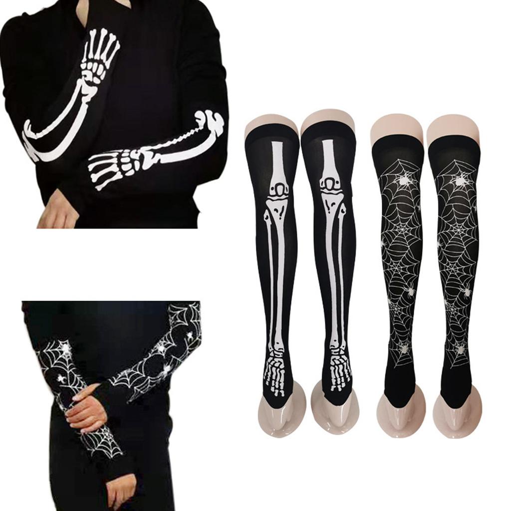 Women's Halloween Scary Skeleton Print Party Gloves Socks Set Two-piece Suit
