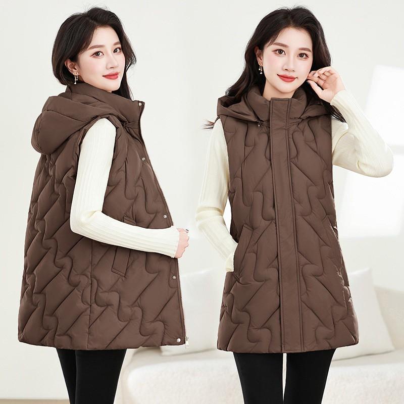 Womens Hooded Puffer Vest Mid-Length Warm Down Cotton Filled Sleeveless Coat Casual Korean Style