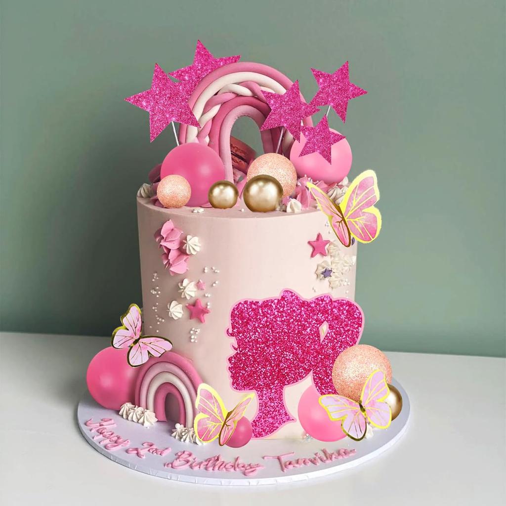 Hot Pink Girl Gold Butterfly Balls Star Doll Cake Topper for Wedding Baby Shower Anniversary Girl Birthday Themed Party Supplies