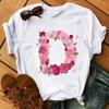 26 Letters Print T-Shirt Alphabet with Pink Flower Harajuku White Graphic Tee Casual Short Sleeve Lady Y2k Tops Women's Clothing