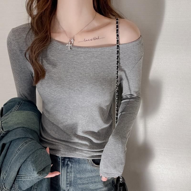Базовая рубашка с однотонным вырезом и открытыми плечами для женщин с новым осенне-зимним облегающим топом с длинными рукавами, модная футболка