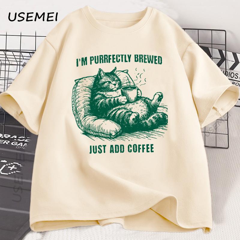 Retro Funny Cat Coffee Graphic T-Shirt Cat Lovers Retro Men Women T Shirt Short Sleeved High-Quality Cotton Casual Neck Tees