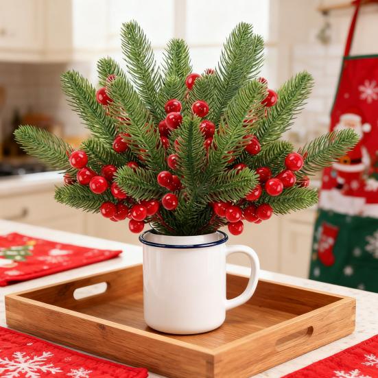 Рождественские сосновые ветки с красными ягодами Искусственные стебли зелени для дерева Цветочные композиции Домашний офис Праздничное украшение для центра стола