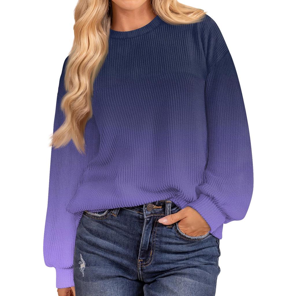 Женские повседневные свободные туники, топы с круглым вырезом, трикотажные ребристые рубашки с принтом, длинный рукав, пуловер, топ