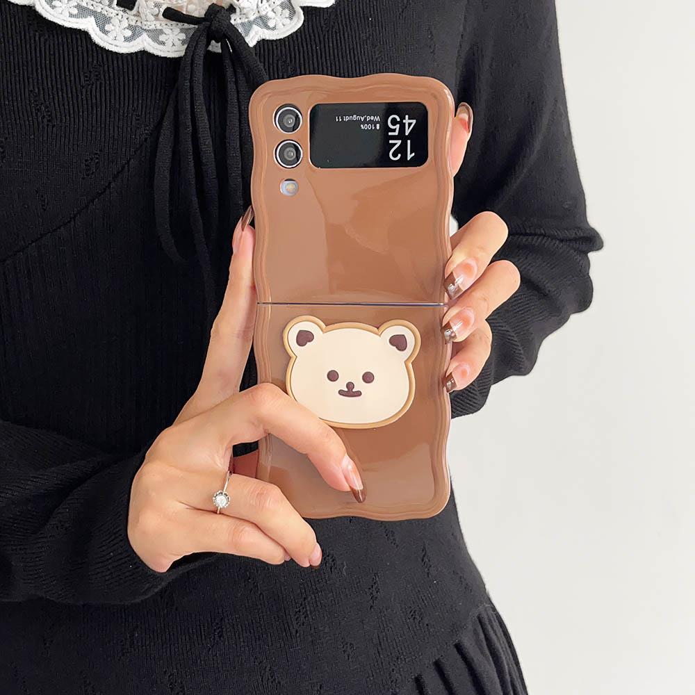 Korean Cartoon Bear Wrist Strap Case For Samsung Galaxy Z Flip 5 Wave Edge Soft Cover For Samsung Z Flip4 z flip3 Thin Case
