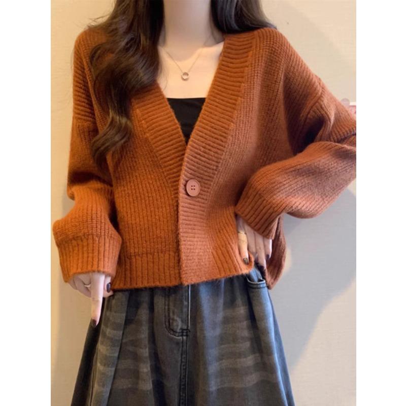 V-neck Fashion Women One Button Cardigan Short Sweater Autumn /Winter Long Sleeve Knitted Jackets Solid Color Elegant Loose Office Basic Casual Coats