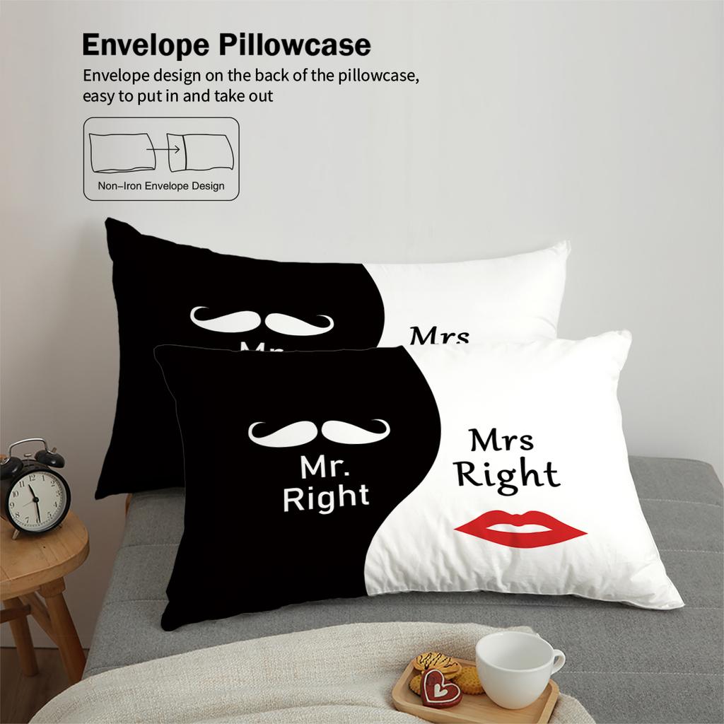 Набор из 3 предметов: пуховый пододеяльник и 2 наволочки, черно-белый цвет, с принтом губ и бороды для пар (1 пододеяльник+2 наволочки, без наполнителя