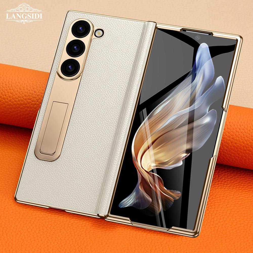 Кожаный чехол для телефона Samsung Galaxy Z Fold 6 5 4 3 Fold6 Fold5 с позолоченным магнитным шарниром и подставкой, задняя крышка с зеркальной пленкой