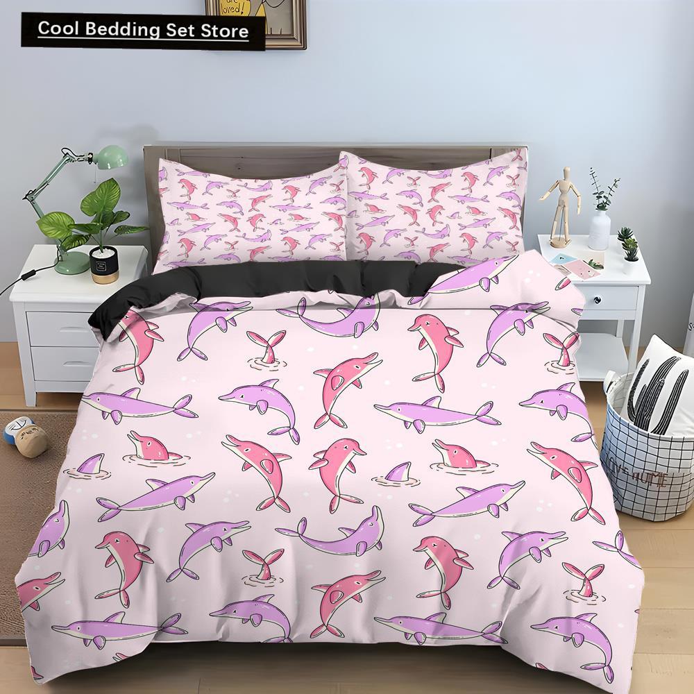 Bule Dolphin Whale King Queen Duvet Cover Underwater World Bedding Set Cartoon Sea Animal Comforter Cover Polyester Quilt Cover
