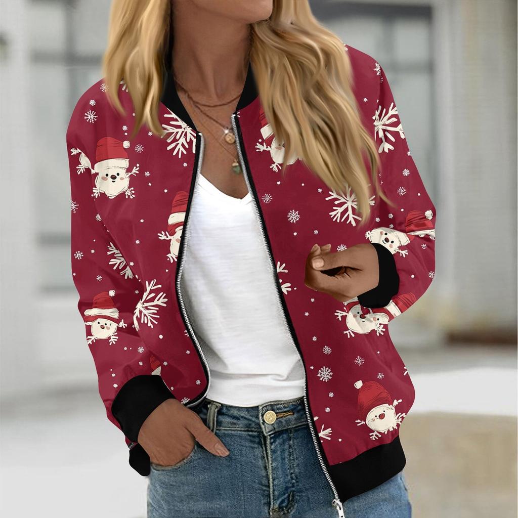 Куртки женские с длинным рукавом, легкие, на молнии, укороченные, модные, с рождественским принтом, верхняя одежда, повседневные, стеганые куртки с карманами