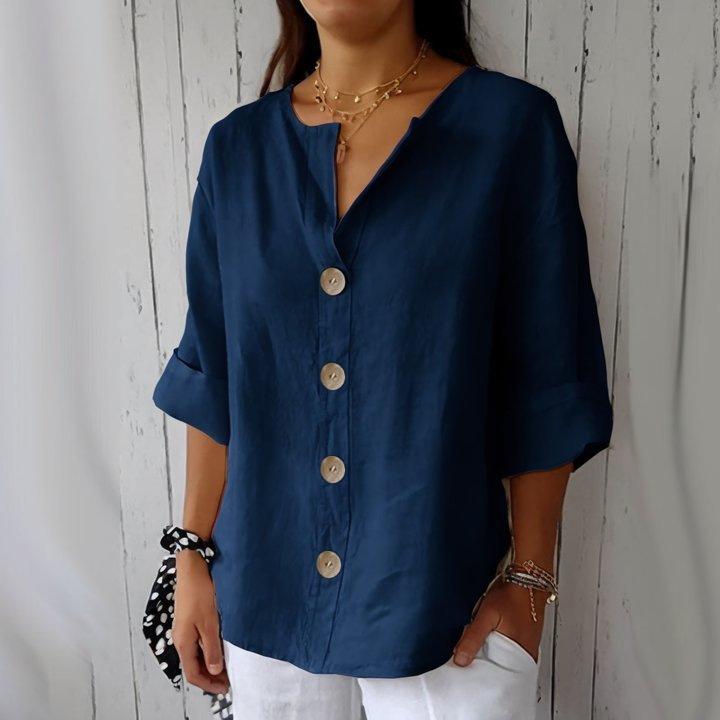 Summer Loose Fitting Women's V-neck Cotton Linen Button T-shirt Top for Women Shirt