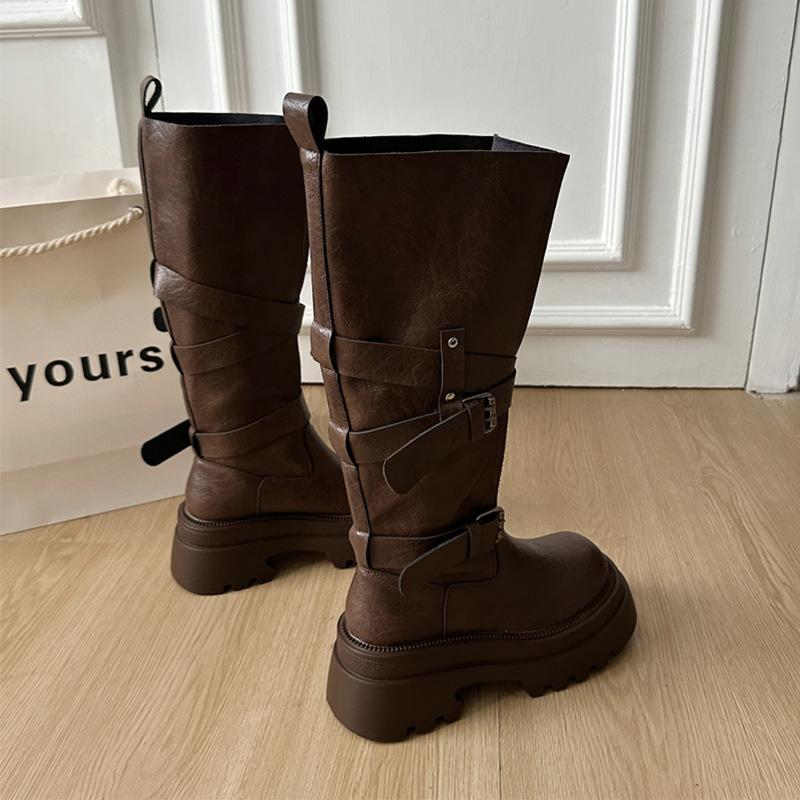 [Фанфна] Майярдовые коричневые женские сапоги с широким голенищем, на толстой подошве, увеличивающие рост, в стиле вестерн, высокие сапоги-рыцари