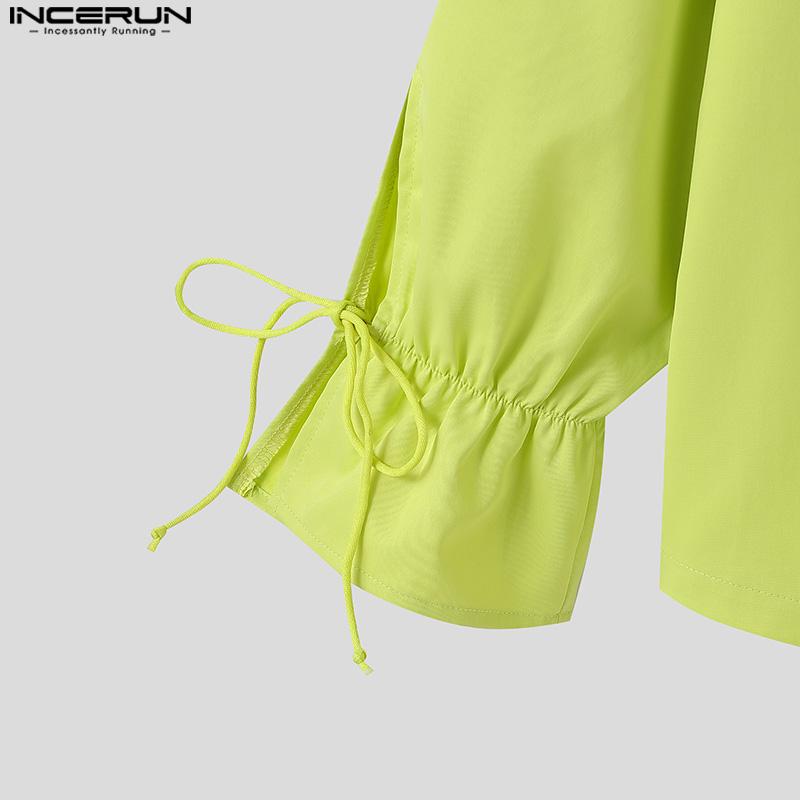 INCERUN Men V Neck Long Drawstring Sleeve Solid Color Casual Shirts Tops