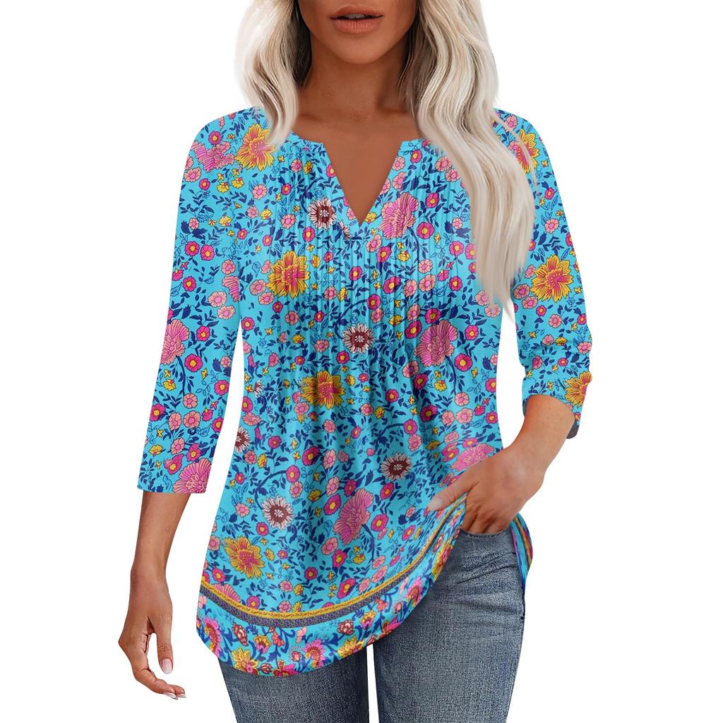 Women's Fashionable Casual Pleated V Neck Solid Color Seven Quarter Sleeve T-shirt Top