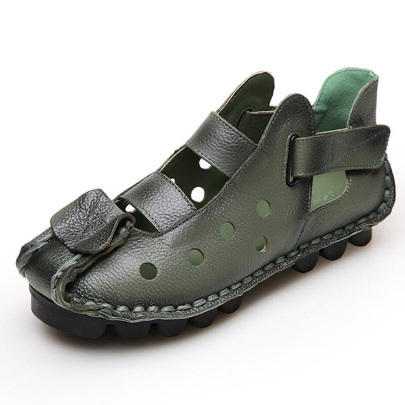 Summer Retro Handmade Genuine Leather Women Shoes Soft Flat Shoes Hollow Casual Women Sandals