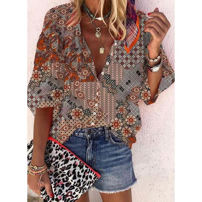 Летняя мода Стойка воротник Свободный крой На пуговицах Ретро принт Повседневные Рукава семь восьмых Женские блузки и рубашки