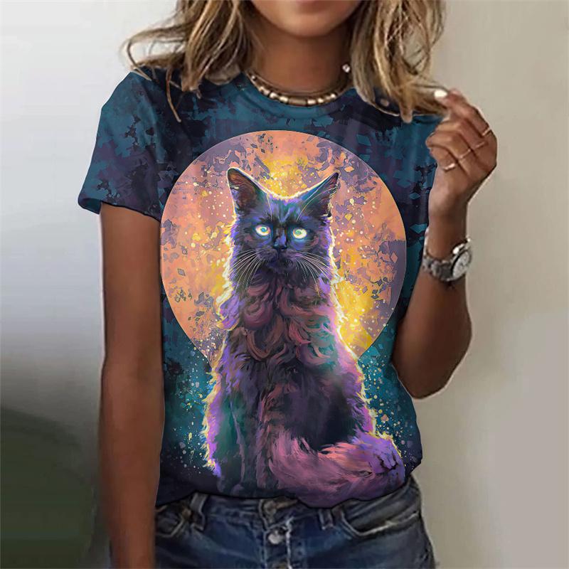 Футболка с принтом 3D Night Cat для женщин, красочные футболки с рисунком звездного неба, летние повседневные футболки с короткими рукавами и круглым вырезом