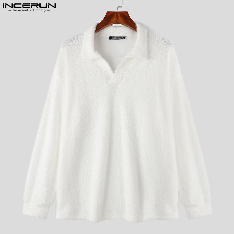 INCERUN Autumn Winter Men Lapel V Neck Long Sleeve Fleece Sweaters Warm Pullovers