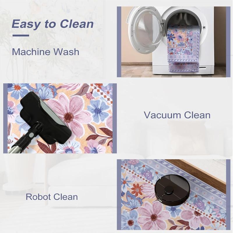 Vintage Purple Living Room Carpet Large Area Floral Print Bedroom Rug Machine Washable Fashion Decorative Coffee Table Mat Tapis