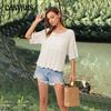 Spring and Summer Women's T-shirt Solid Color Round Neck Hollow Knit Top Loose Large Size Short Sleeve