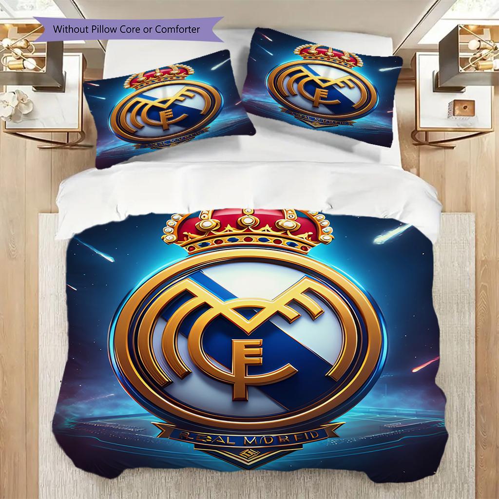 Комплект постельного белья с узором ФК Реал Мадрид Одеяло Покрывало Наволочка Домашний Декор Подарок на День Рождения (1 пододеяльник + 2 наволочки, без наполнителя)