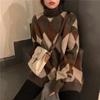 Pullover Female Autumn and Winter Slouchy High Neck Contrast Lingge Sweater Women Retro Loose Korean Long Sleeve Knit Sweater