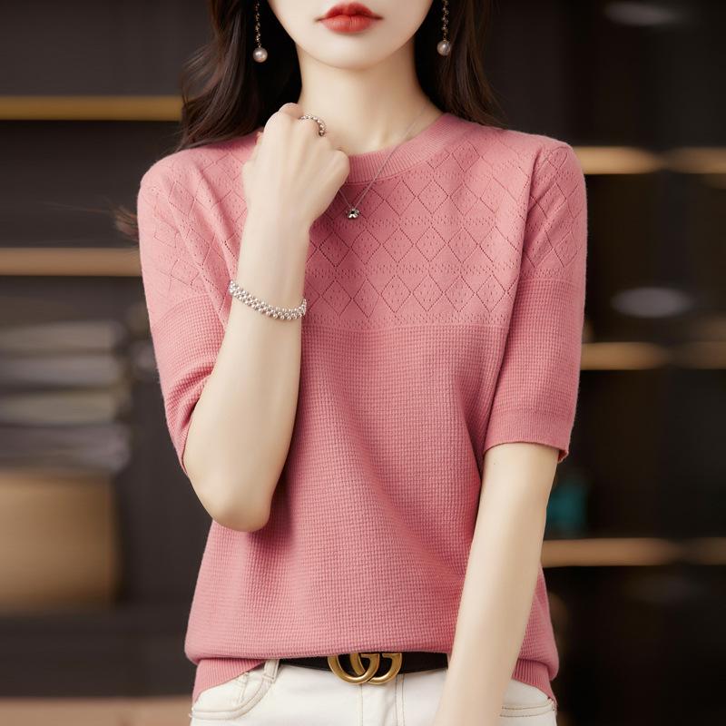 Spring Women's T-shirt Round Neck Knitted T-shirt Solid Colour Hollow Out Tops Knitwear