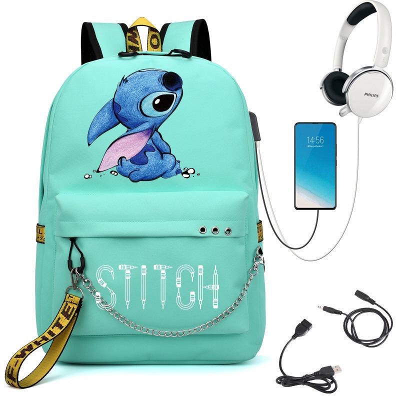 Stitch USB Charging Backpack Student School Bag Unisex Laptop Daypack Waterproof Design