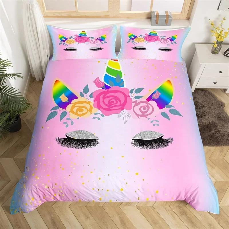 Cartoon Unicorn Duvet Cover Set Smile Eyelash King Bedding Set For Girls Woman Microfiber Mermaid Scale Floral Comforter Cover