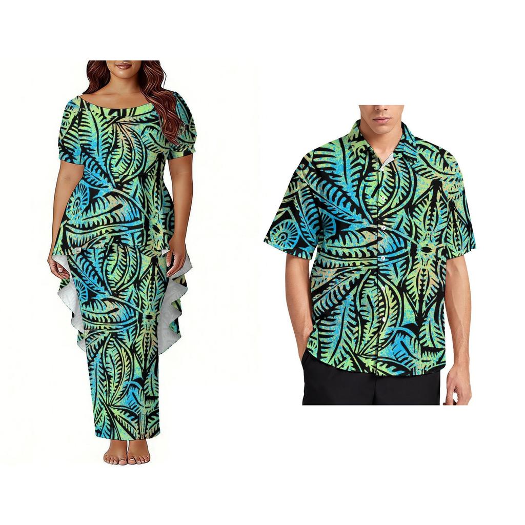 Custom Polynesian Bubble Short Sleeve Long Dress Lady Puletasi Dress Match Plus Size Men Stiff Neck Shirt Sets off Couples 2pcs