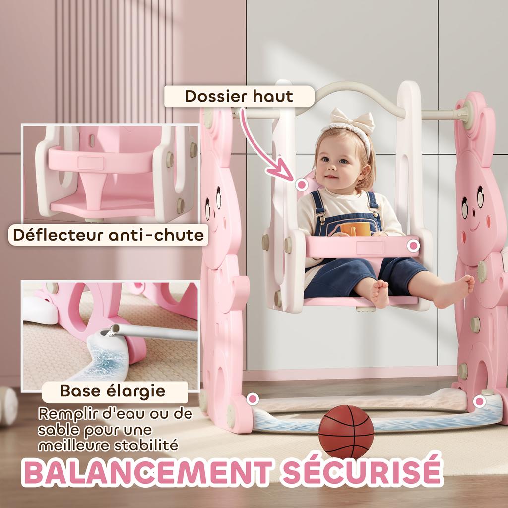 4 in 1 Kids Slide and Swing Set with Climber, Basketball Hoop, Rabbit-Themed, Pink