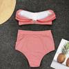 2 Pcs/Set Beach Bikini Set Ruffle Striped Patchwork Tankini High Waist Split Beachwear Elastic Quick-drying Bathing Suit