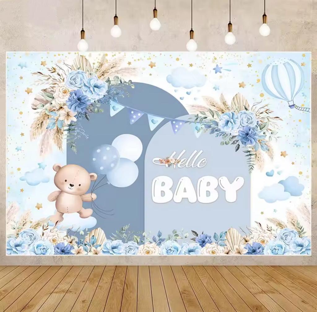 Bohemian Baby Shower Backdrop Bear Blue Flower Pampas Grass Hello Baby Boys Welcome Party Decor Background Props Custom