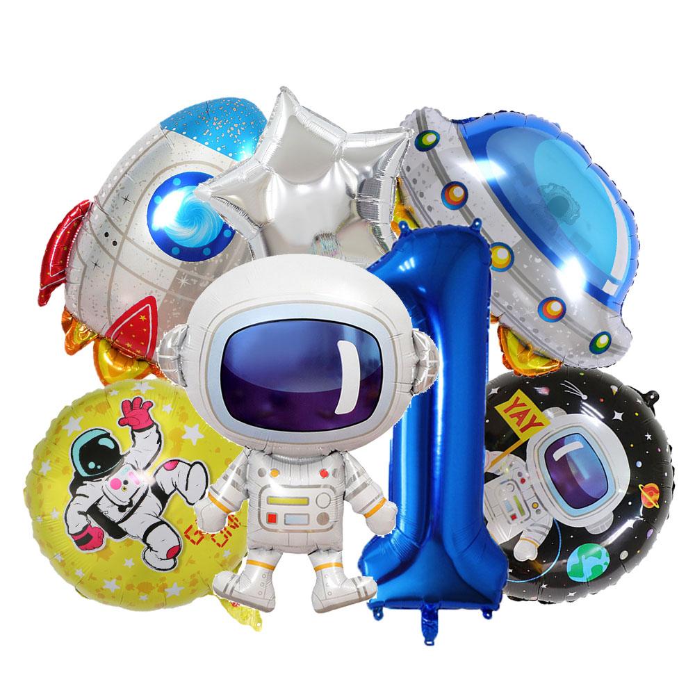 7 Pcs Rocket Astronaut Foil Balloon Universe Outer Space Theme 0-9 Years Old Children Boys Birthday Party Decoration Baby Shower