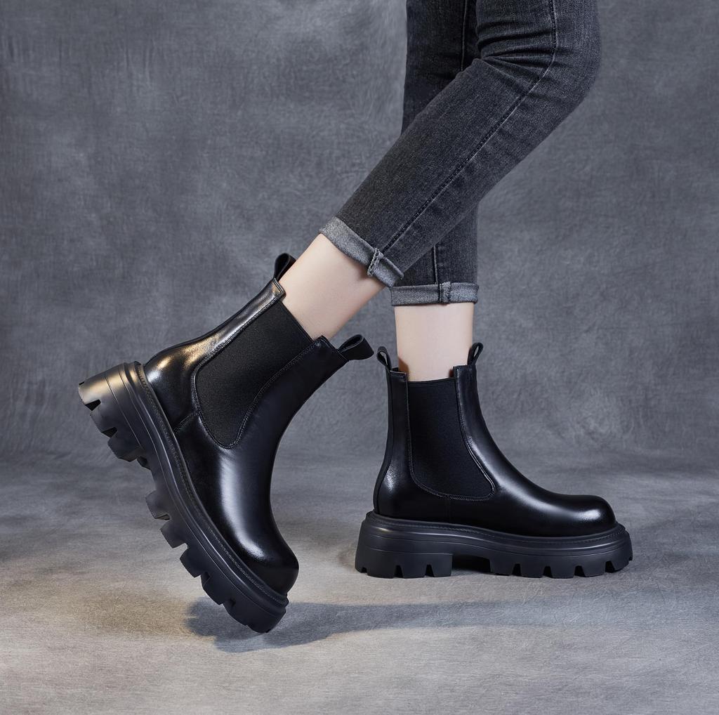Ботинки женские [ZUYEE] челси короткой высоты из натуральной толстой кожи на резинке по бокам, кожаные, подошва, ботинки, ботинки, улучшение, ноги, черные, 24.5см