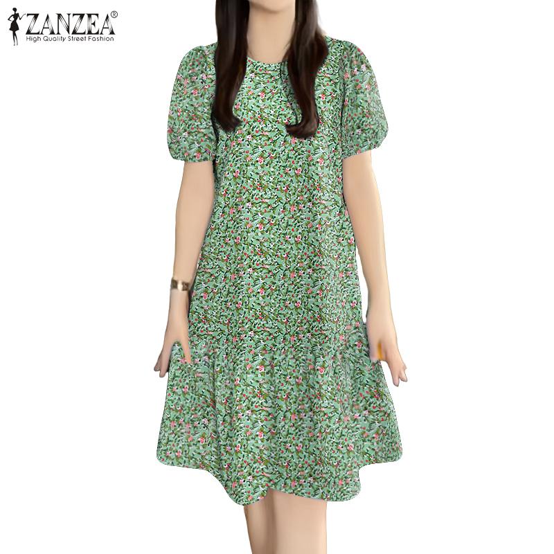 ZANZEA Women's Summer Round Neck Short-Sleeve Floral Print Dress