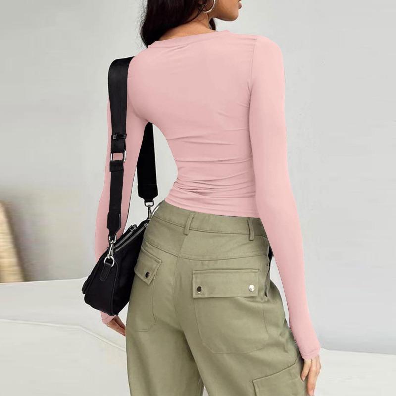 Модная длинная рукава облегающая женская блузка с круглым вырезом повседневная элегантная простая офисная женская короткая рубашка уличная одежда короткие топы однотонная женская одежда