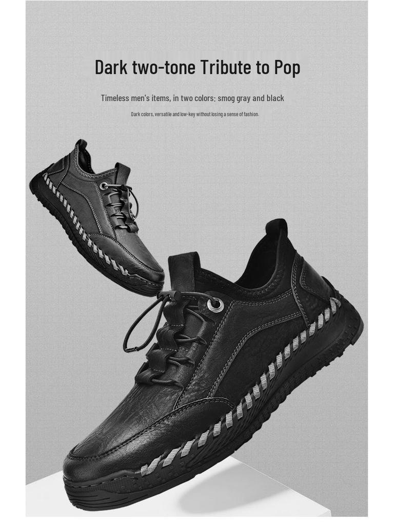 Мужские ленивые эластичные туфли из кожи с прострочкой - Стильные низкие слипоны, спортивные кроссовки для весны и осени.