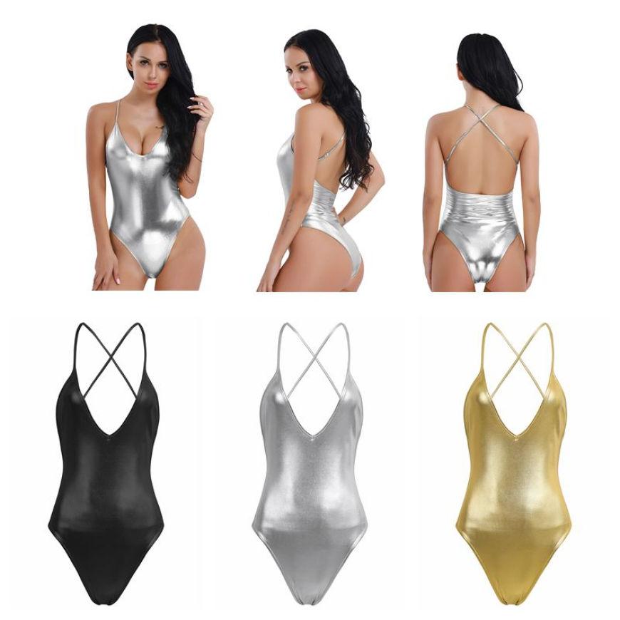 Спандекс Регулируемые бретельки-спагетти Глянцевый вид Лакированная кожа Глубокий V-образный вырез Купальник для балета и танцев # S-XL