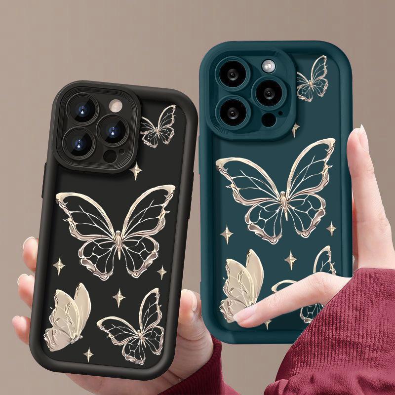 For iPhone 16E 16 Pro 15 Pro Max 14 13 12 11 XR 8 Case Butterfly Print Soft Silicone Shockproof Lens Protection TPU Matte Phone Cover
