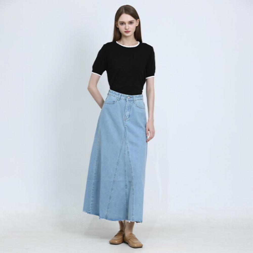 Ozoc Denim Cutting Flare Skirt