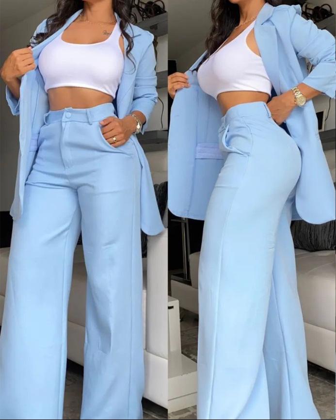 2024 Women's Elegant Solid Color Suit with Slit Sleeve Lapel and Straight-Leg Pants